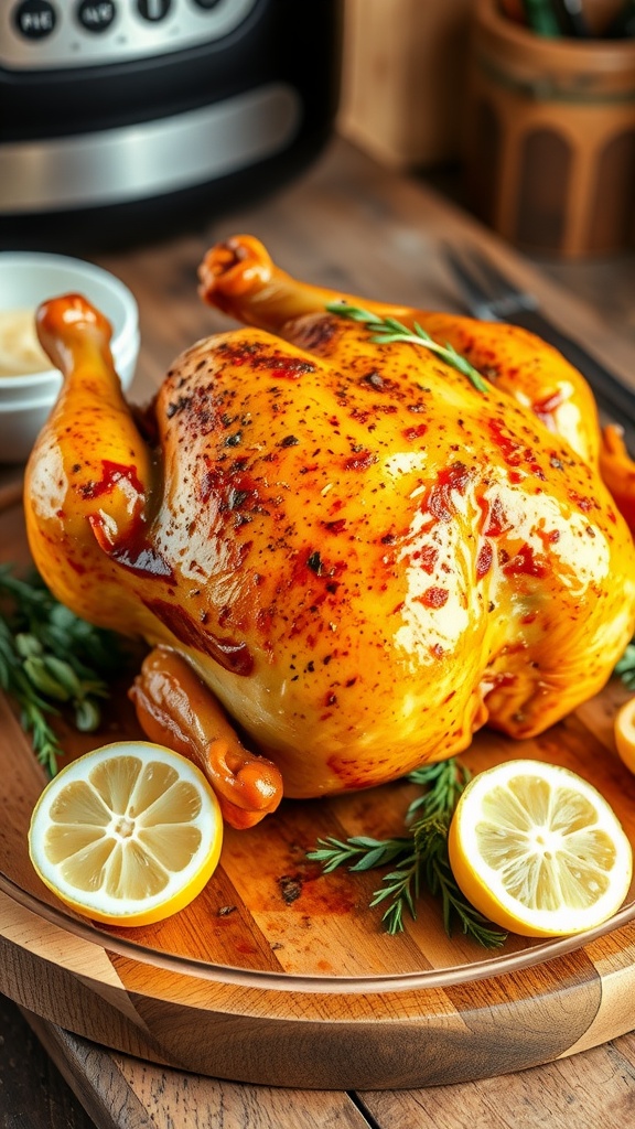 Crispy Air Fryer Whole Chicken Recipe A whole air fryer roasted chicken with crispy skin, garnished with herbs and lemon, on a wooden board.